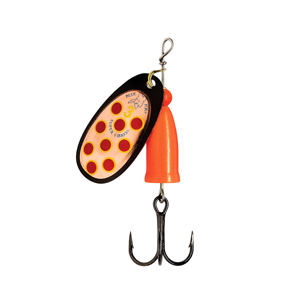 Cucharita Trucha #3 Blue Fox Vibrax - Byr - 8g - Negro Con Puntos Rojo, Campana Negra