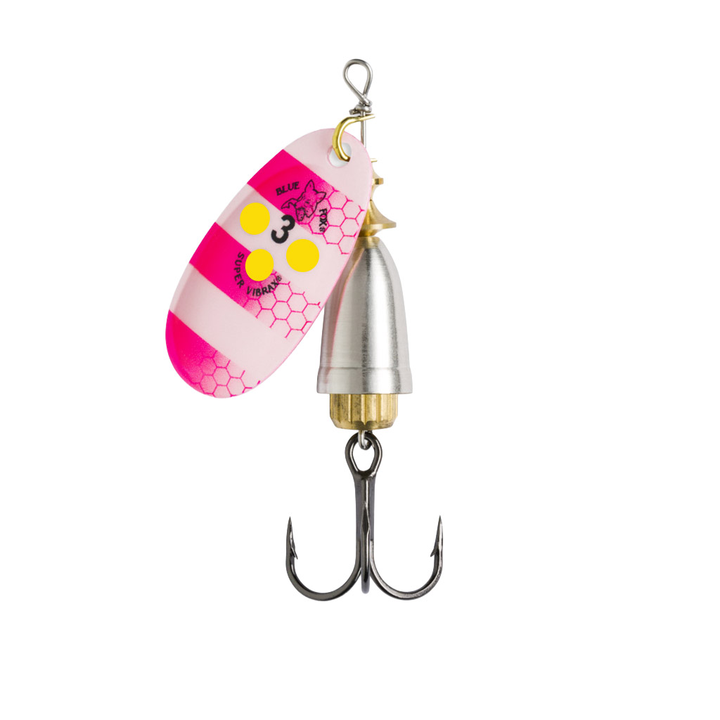 Cucharita Trucha #3 Blue Fox Vibrax - Fpy - 8g - Cuchara Rosa Con Puntos Amarillos, Campana Plata